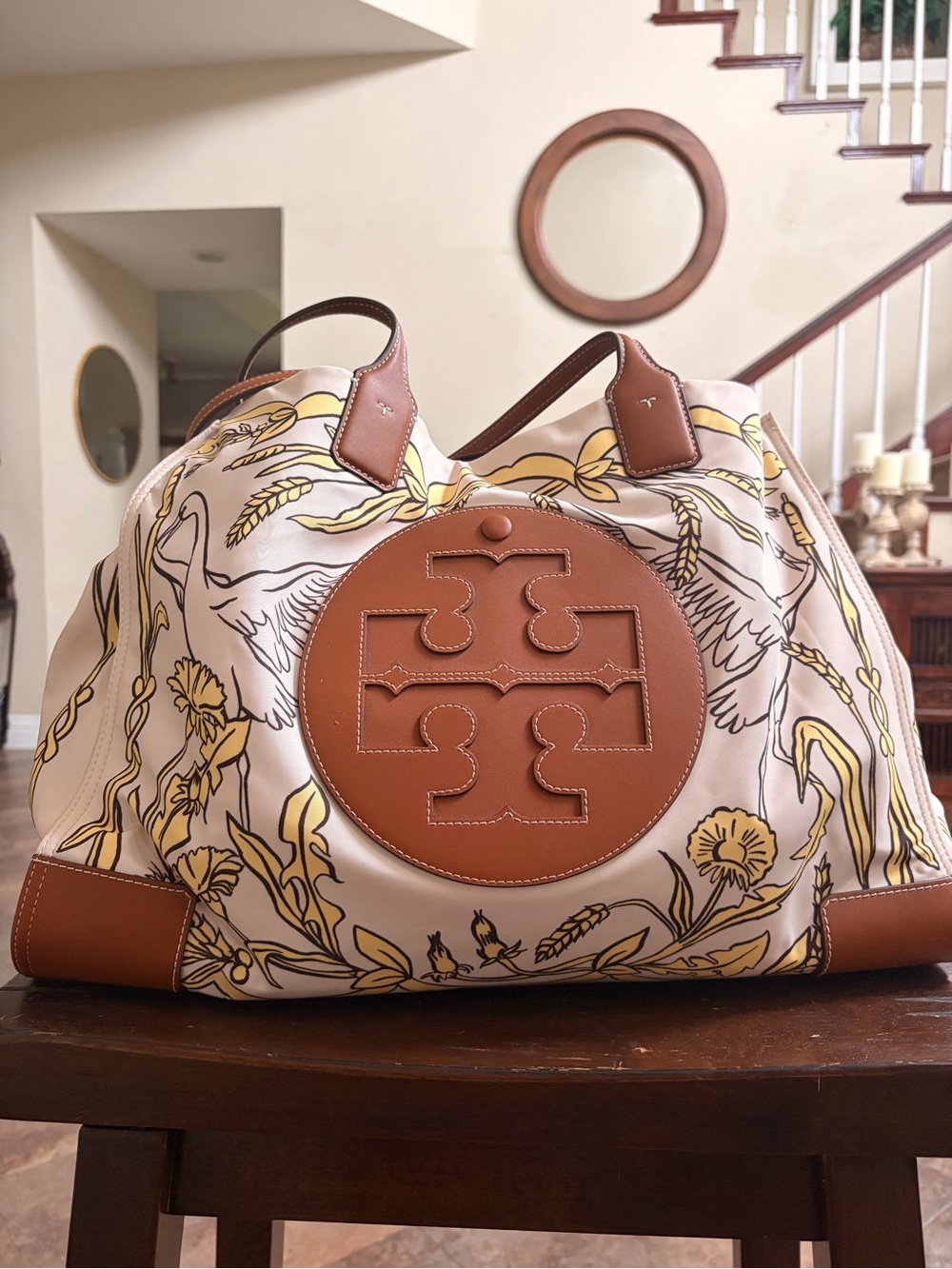 Tory Burch Cream, Tan & Yellow Floral Canvas Tote